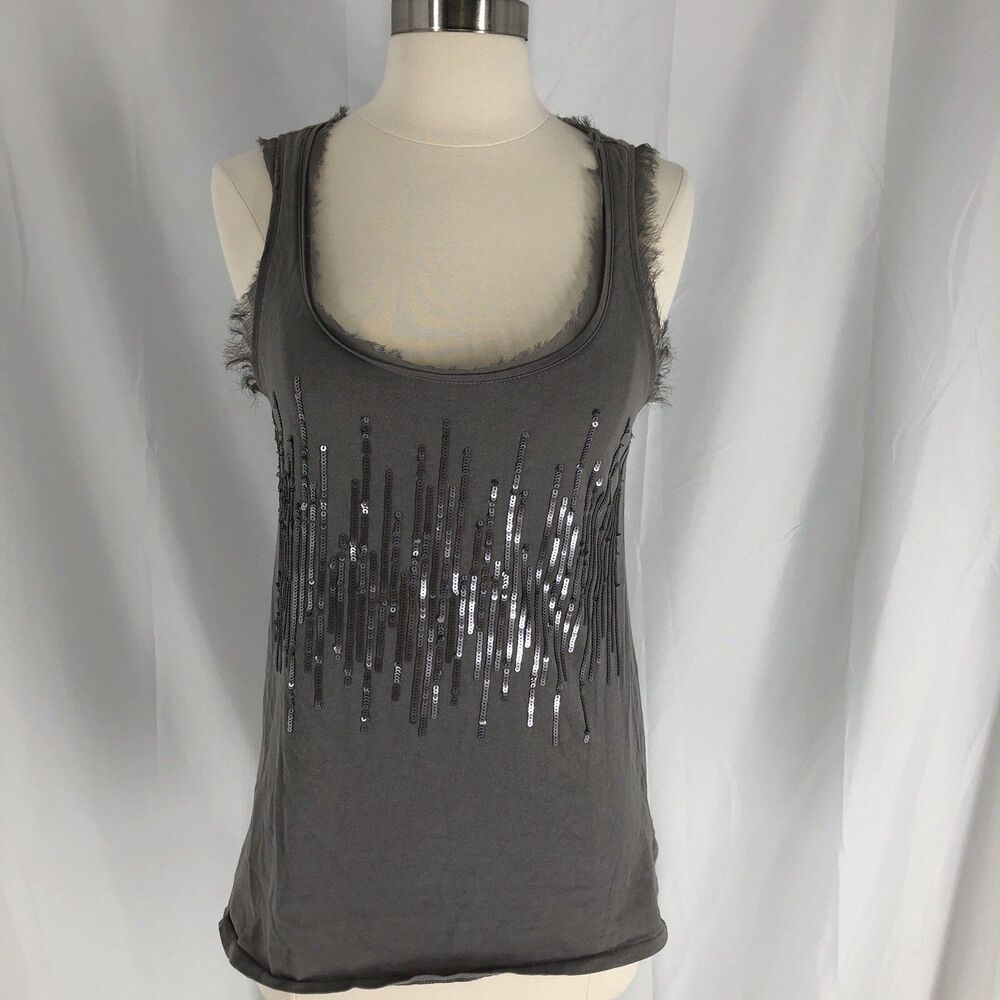 Ann Taylor Loft Sequin Tank Top Womens Gray Fringed Chiffon Medium